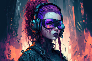 A realistic image of a person with cyberpunk clothing and a headset. futuristic high tech individual from the future. cyberpunk and the idea of virtual reality. Illustration. Generative AI