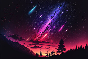 Night sky with colorful meteor shower #2, Generative AI
