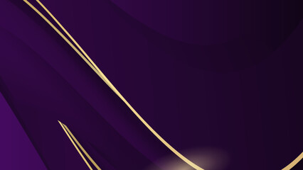 Abstract purple metal background with golden light lines curved wavy with copy space for text. Luxury style template design.