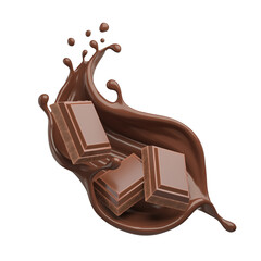 chocolate pieces falling on chocolate sauce with clipping path 3d illustration.