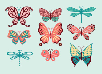 Fototapeta na wymiar Butterflies vector illustration set. Retro style