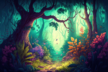 a lovely enchanted woodland filled with fantastical plants and lush vegetation Illustration with digital painting as background. Generative AI