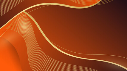 Fototapeta premium Orange background with ribbon gold lines curved wavy with light effect. Luxury style template design.