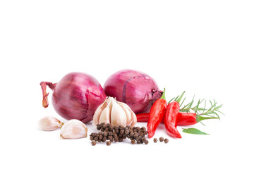 Composition of various herbs and spices vegetables rosemary pepper onion, garlic, fresh red chili, and garden mix for healthy food. isolated on white background, top view