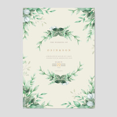 beautiful green leaves watercolor wedding invitation card template