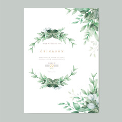 beautiful green leaves watercolor wedding invitation card template