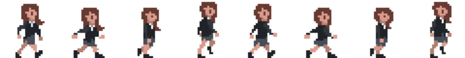 Walk Cycle animation frames. Female businessperson character, business woman, employee. 8 bit pixel art vector illustration isolated on white background.