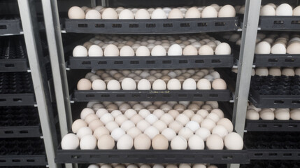 The Operator controls chicken eggs in incubator. egg on the trolley checking condition..