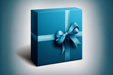 White background blue bow and present box. Generative AI.