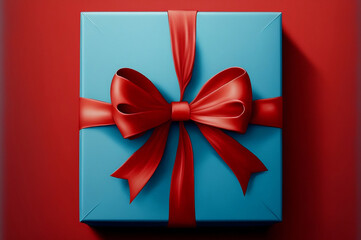 Blue gift box, red bow, red background, isolated. Generative AI.