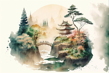 Chinese ink landscape painting created digitally Generative AI © EnelEva