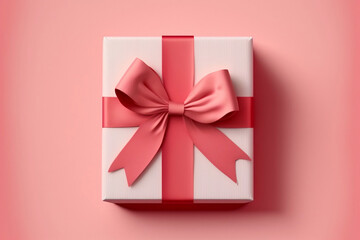 White pink gift box isolated from background with reddish bow. Generative AI.