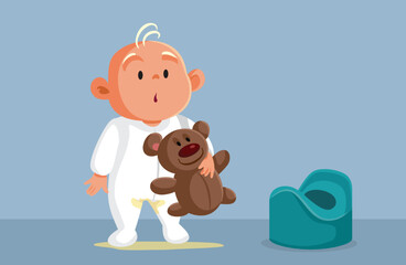 Little Infant Trying Potty Training Having an accident Vector Cartoon. Little child not getting to the toilet in time experiencing urine leakage

