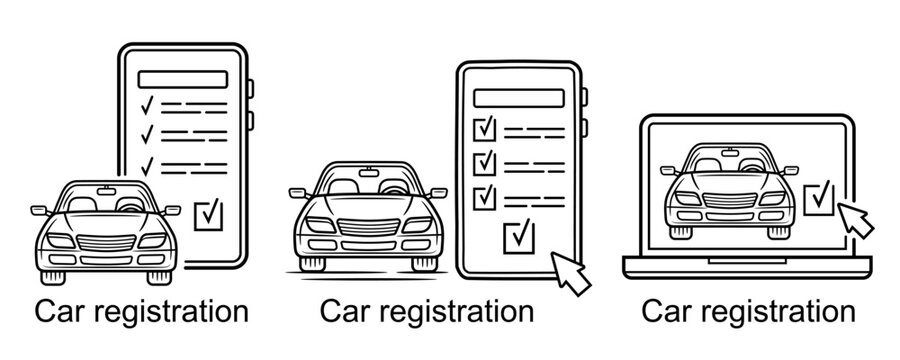 Online Car Registration Service, Auto Transport Insurance On Mobile Phone, Maintenance Inspection Report Line Icon. Web Internet Document Buy Vehicle. Check List Automobile Repair On Computer. Vector