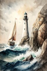 A lighthouse on a rocky cliff overlooking the ocean with waves crashing below and a sailboat in the distance