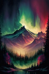 Fototapeta premium Mountains With Northern Lights In Night Sky