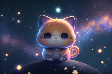 Fototapeta premium Kawaii cute chibi kitten starry background