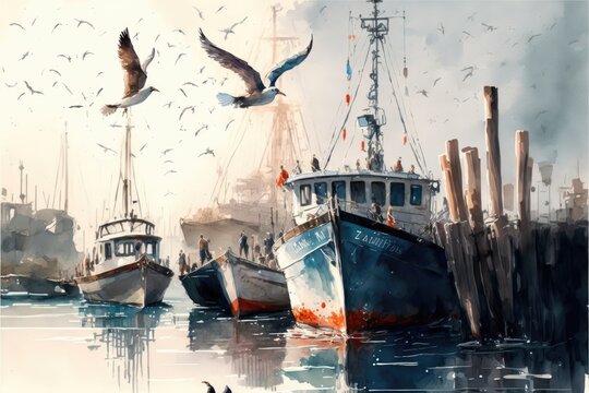 A bustling port with multiple boats docked and seagulls flying overhead