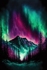 Northern Lights Over Night Mountain Sky