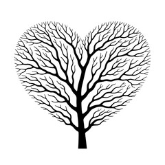 Tree with branches shaped like heart symbol, black silhouette
