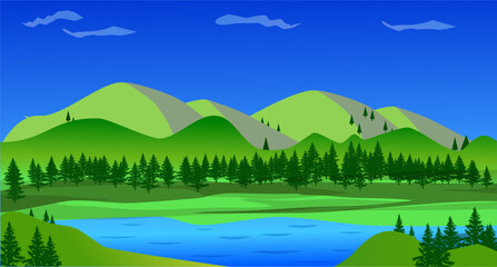 Fototapeta na wymiar Panorama view of green mountain valley, vector summer or spring landscape background and blue sky. Illustration of nature
