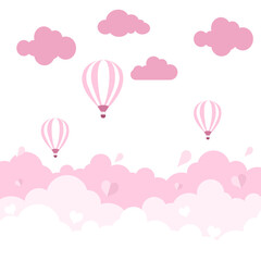 Happy Valentines Day background with pink clouds sky, balloon and hearts.