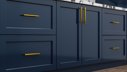 Navy blue kitchen cabinet doors and golden metal kitchen handles - obrazy, fototapety, plakaty