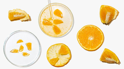 Petri dishes with orange research. Cut orange, research in the laboratory. Bioengineering,...