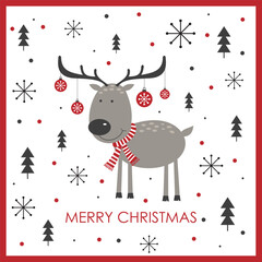 christmas card with deer and snowflakes