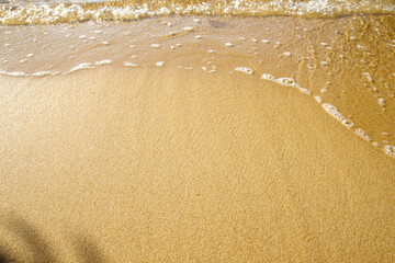 Golden yellow sand beach with waves lapping on the sponges on the sand.