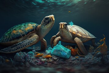 Fototapeta na wymiar Ocean Plastic Pollution - Turtle Eating Plastic Bags - Environmental Issues