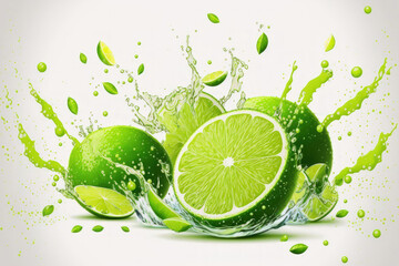 Water splashes with fresh limes on a white background. Generative AI
