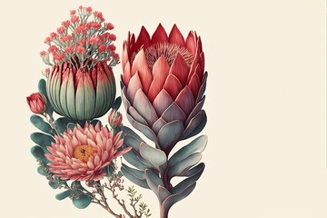Watercolour clip-art of protea flower. Elegant Mother's day card, Birthday banner, wedding invitation. Exotic flowers on a creamy background. Posters, planners, web, landing page, wallpaper. AI image - obrazy, fototapety, plakaty