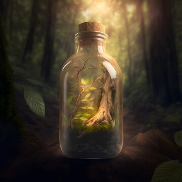 Forest In An Old Medicine Bottle Photorealistic Natural Lightning 4k 