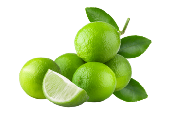Whole and sliced limes, Sour green fruit isolated on a transparent background.