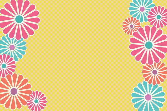 Checkered yellow background with colorful flowers frame and copy space