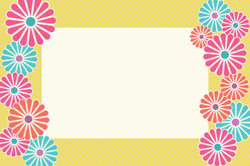 Fototapeta na wymiar Gold frame background with checkered border and traditional Japanese flowers*chrysanthemum on both sides