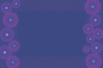 Blue background and checkered blue frames with purple flowers on both sides with copy space.