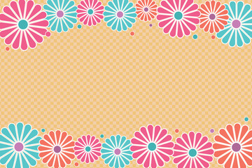 Fototapeta na wymiar Orange checkered background with pink and blue flowers frame and copy space