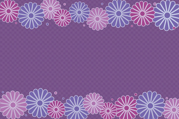 Purple checkered background with blue and red flowers frame with copy space