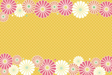 Fototapeta na wymiar Checkered gold background with traditional Japanese flower frame and copy space, vector illustration.