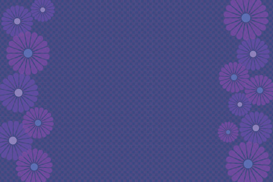 Checkered blue background with purple flower frame on both sides with copy space.