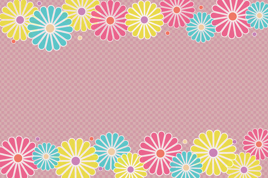 Checkered pink background with colorful flowers and copy space, vector illustration.