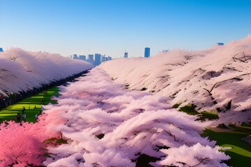 AI Generated,cherry blossoms fullbloom,flying_petels,from drone angle,japan