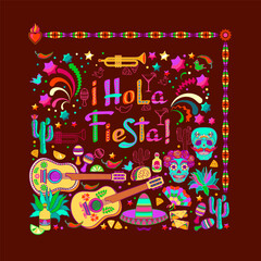 Hola Fiesta pattern. Mexican colorful symbols isolated on brown. Vector. © veye