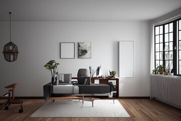Fototapeta na wymiar mock up poster frame in boho interior background, wooden living room design, Scandinavian style. Generative AI illustration