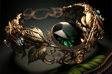 golden ring and necklace with diamonds green gemstone generative AI digital illustration.