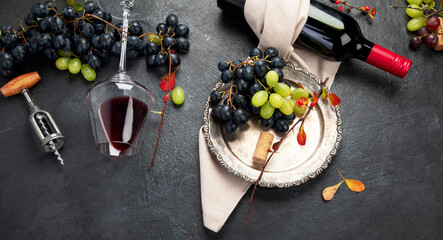 Obraz na płótnie Canvas Bottle of red wine with a corkscrew. On a dark background.