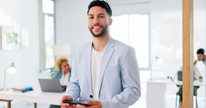 Face, mindset or phone and a business man in his office, working towards a mission of growth and development. Portrait, vision and ambition with a young male employee standing in the workplace