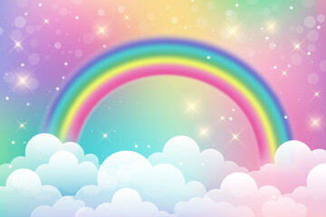 Fantasy unicorn background with clouds on rainbow sky. Magical landscape, abstract fabulous wallpaper with stars and sparkles. Arched realistic spectrum. Vector. - obrazy, fototapety, plakaty